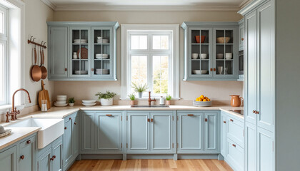 Elegant Scandinavian-style kitchen with pale gray cabinets and warm oak flooring, creating a peaceful and natural cooking environment.