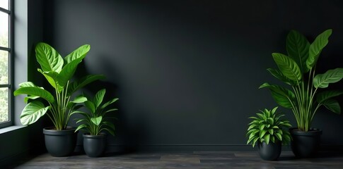 Dark room with a variety of lush green plants against a sleek black background wall mockup,  foliage,  mockup