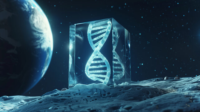 This DNA double helix in crystal on the moon symbolizes biotech progress for human evolution.