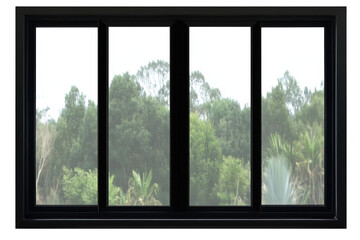 Fototapeta premium A Detailed View Illustration Of A Window Frame With Green Trees Background Outdoor Scenery