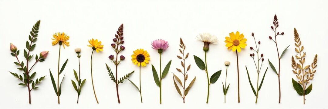 Dry pressed wild flowers and plants isolated on white background Botanical collection,  natural,  dried plants