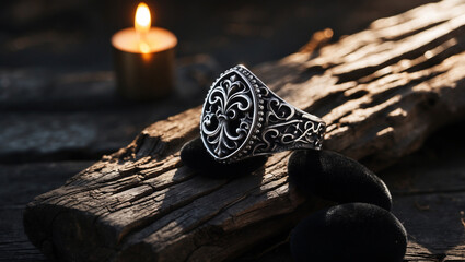 Silver Fleur De Lis Ring On Wood With Candlelight Creates Moody Still Life