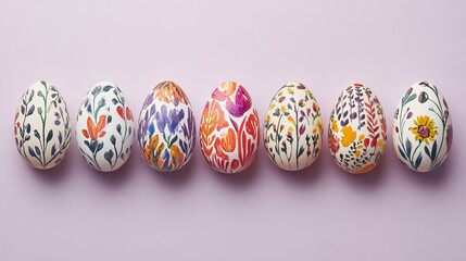 Fototapeta premium Doodle-style paint on eggs placed artistically on pale lilac background