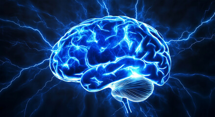 Obraz premium A glowing blue brain surrounded by lightning bolts against a black background.