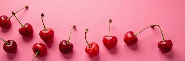 Fresh red cherries arranged on a vibrant pink background,  crop, cherries