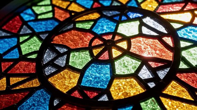Colorful stained glass window closeup showing intricate patterns with bright light shining through, representing religious art, faith, church architecture, history, and light's spiritual beauty