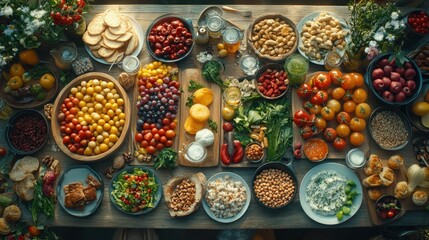 Fototapeta premium Abundant, colorful, healthy meal spread on a rustic wooden table. Fresh fruits, vegetables, grains, and dairy products arranged in a visually appealing display