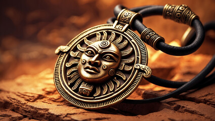 Tribal Sun Pendant On Leather Cord Artistic Jewelry Still Life Image