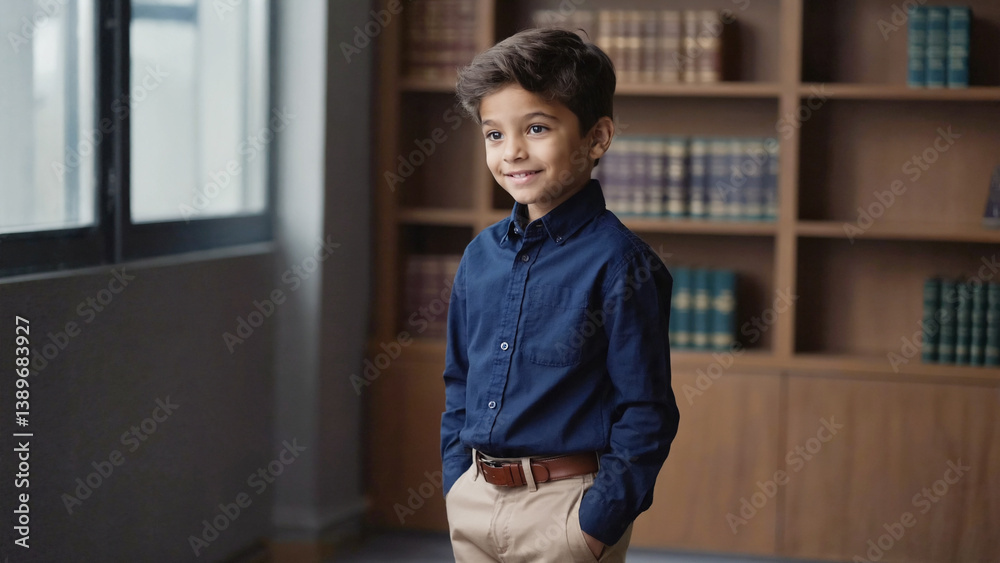 Poster a young boy stands in front of a bookshelf, surrounded by books and possibly thinking about what to 