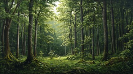 Fototapeta premium Serene Forest: A Tranquil, Lush Green Painting