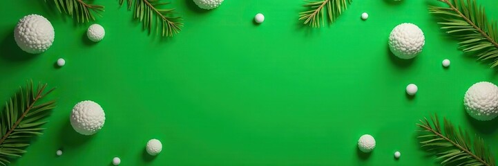 Geometric pattern of white balls and pine on vibrant green background,  abstract,  decoration