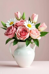 Fresh spring flowers including roses, daisies, and tulips arranged in a pristine white vase on a soft gradient background,  petals,  delicate