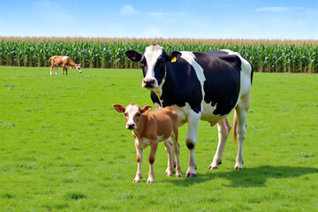 black and white cow standing next to a baby cow in a field