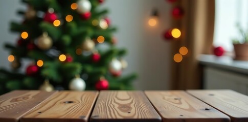 Front view of Christmas table top with a blurred fir tree and various winter holiday decorations in the background,  season,  table top