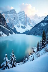 Frozen Eibsee, a stunning lake surrounded by snow-capped mountains in Bavaria, Germany,  nature,  picturesque