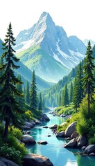 Georgian landscape sketch featuring mountains, rivers, and forests,  artistic,  landscape