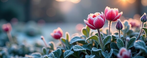 Frozen flowers covered in a thin layer of frost in a garden on a crisp autumn morning,  natural,  frost