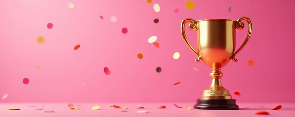 Golden trophy with confetti falling in celebration on a vibrant pink background,  trophy,  winner