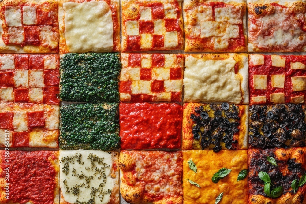 Aufkleber colorful chessboard pattern of pizzas with various toppings and vibrant sauces arranged for a festiv