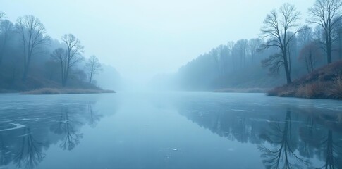 Frozen lake covered in mist with barren trees in the background, a sense of eerie stillness and mystery,  solitude,  tranquility