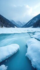 Frozen lake with blue ice and cracks on the surface, surrounded by pine-covered hills under a winter sky in the Carpathian region of Ukraine,  Ukraine,  winter