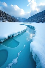Frozen lake with blue ice and cracks under a winter sky, surrounded by pine-covered hills in the Carpathian region of Ukraine, Europe,  hills,  frozen lake