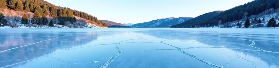 Frozen lake with blue ice and intricate cracks under a clear winter sky, surrounded by pine-covered hills in the Carpathian region of Ukraine, Europe,  surface,  Ukraine