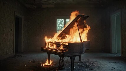 Grand piano engulfed in intense flames within a dilapidated, empty room, symbolizing the destruction of art, lost talent, intense emotion or dramatic ending concepts for music and performance