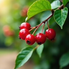 Obraz premium Deep red berries adorn a slender branch, surrounded by glossy leaves , photography, shiny, botanical