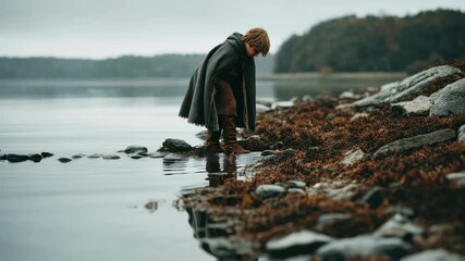 Child explores shoreline while reflecting on calm waters during a tranquil evening by the lake - Powered by Adobe