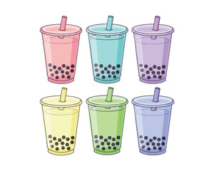 Colorful Bubble Tea Vector Set - Boba Milk Tea Cups Illustration