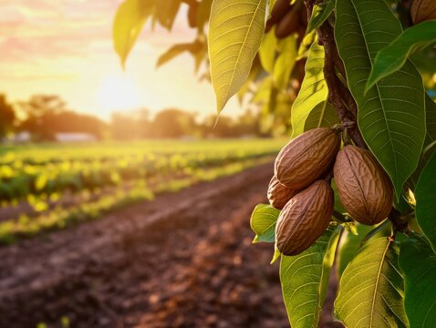 Pecan tree with visible brown nuts ready to harvest, farm field in background, golden hour light