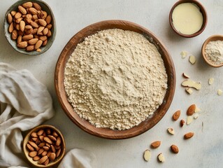 Photorealistic overhead of baking ingredients including ground almond flour and whole almonds