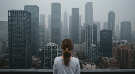 Woman overlooking a cityscape with tall buildings on a cloudy day from a high vantage point