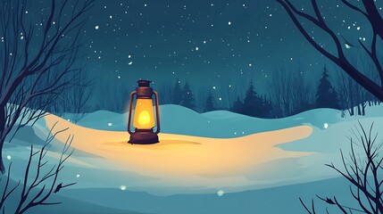 Lantern glowing in snowy winter forest at night.