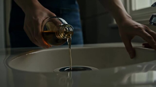 Hands pouring a bottle of alcohol, likely whiskey, down a sink drain, symbolizing the decision to quit drinking, recovery from addiction, beginning sobriety, or rejecting harmful habits