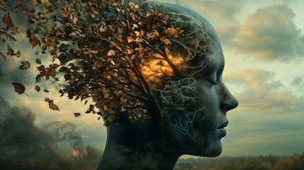 Ethereal Face Transforming Into Nature With Autumn Leaves in Mystical Atmosphere