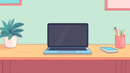 Laptop on a desk with plant, book, and pencils.