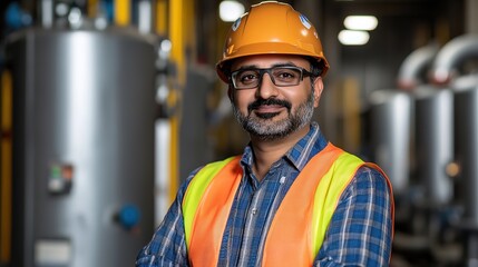 Confident industrial engineer in safety gear, embodying professionalism and workplace safety in a modern industrial setting.