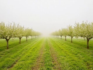 Walnut orchard in springtime bloom, lush green rows with horizon vanishing into fog