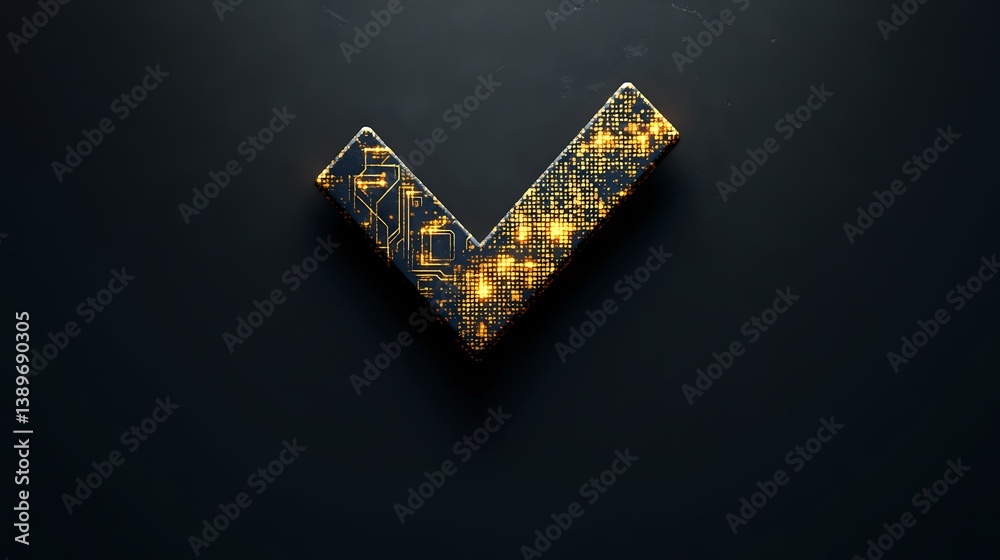 Poster glowing golden checkmark symbol with circuit pattern texture on dark background, modern tech verific