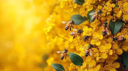 Honey bees pollinating yellow flowers springtime blossom nature photography floral background wallpaper desktop 4k