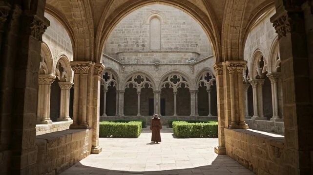 Monk in a habit walking through the sunlit courtyard cloister of a monastery with arched walkways, representing monastic life, history, religious architecture, solitude, and spiritual discipline