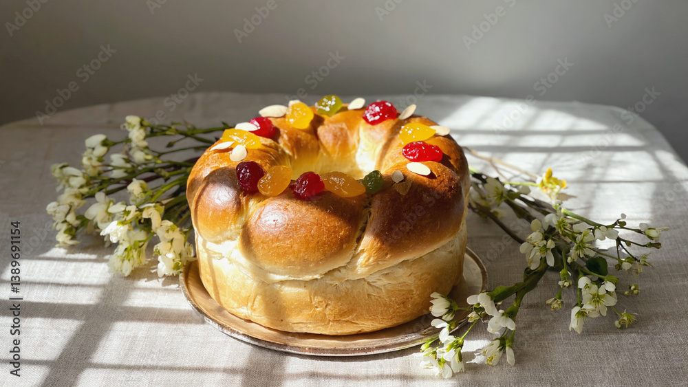 Poster a slice of fresh bread topped with a selection of fruits, served on a plate