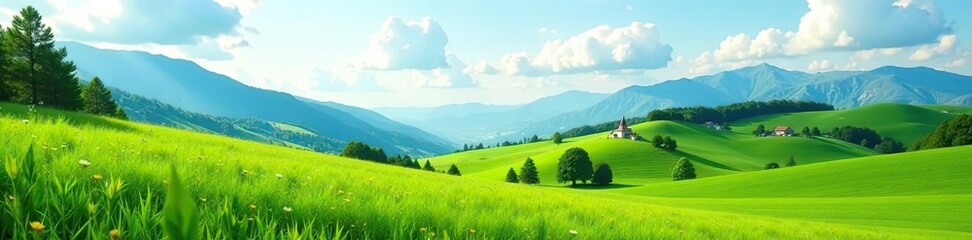 Green fields and meadows with mountains in the background,  environment,  hills