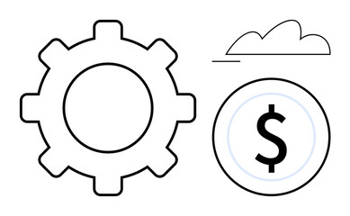 Gear with dollar coin and cloud outline emphasizing finance, technology, and operations. Ideal for banking, teamwork, innovation, cloud solutions, economy, tech management flat simple metaphor