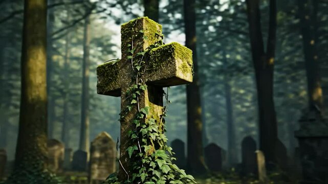 Old stone cross gravestone covered in moss and ivy stands weathered in a misty, atmospheric cemetery, evoking themes of remembrance, history, loss, the passage of time and gothic melancholy