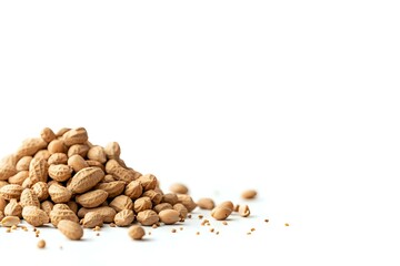 Fresh roasted peanuts in shell scattered on white background, isolated heap of whole nuts with natural texture and warm golden color.