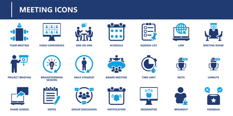 Meeting icons pack with solid style featuring team meeting, video conference, agenda list, breakout, mute, and feedback icons.