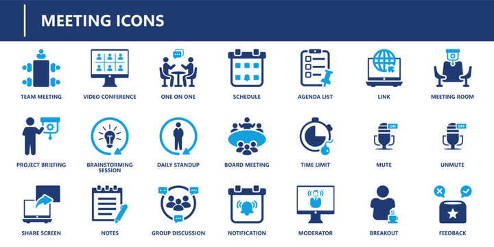 Meeting icons pack with solid style featuring team meeting, video conference, agenda list, breakout, mute, and feedback icons.